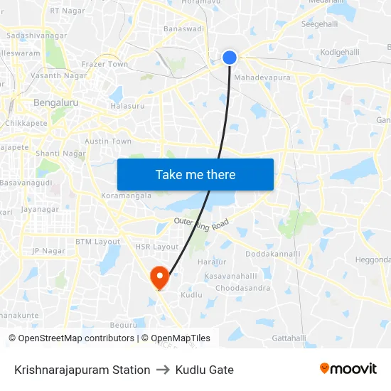Krishnarajapuram Station to Kudlu Gate map