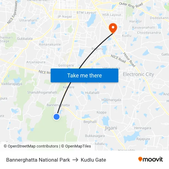 Bannerghatta National Park to Kudlu Gate map