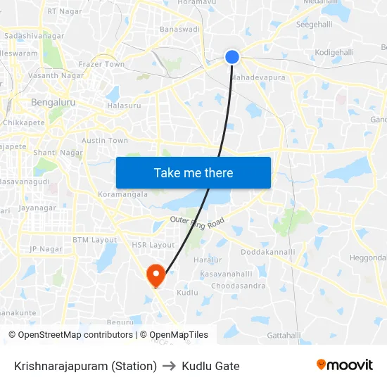 Krishnarajapuram (Station) to कुद्लु गेट map