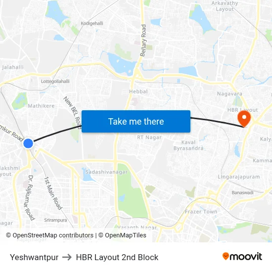 Yeshwantpur to HBR Layout 2nd Block map