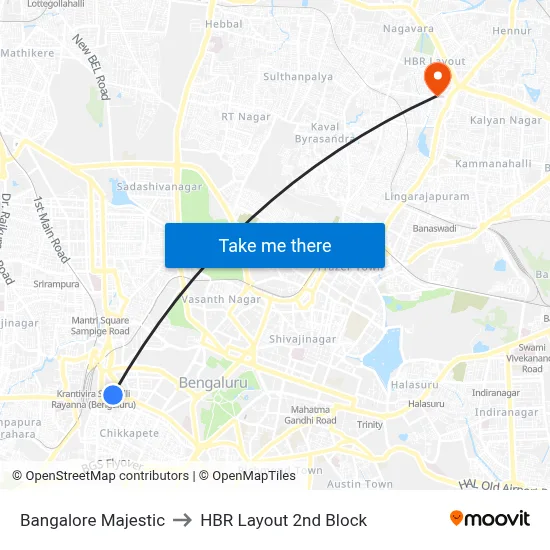 Bangalore Majestic to HBR Layout 2nd Block map