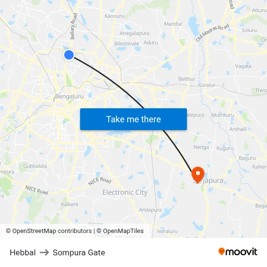 Hebbal to Sompura Gate map