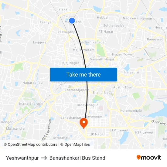 Yeshwanthpur to Banashankari Bus Stand map