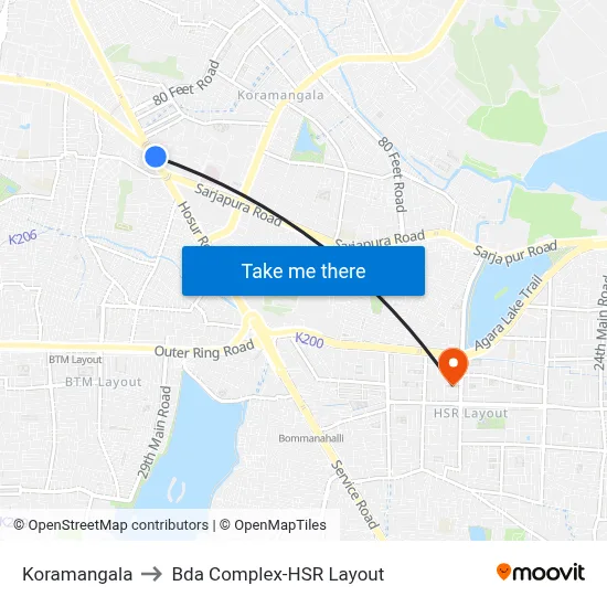 Koramangala to Bda Complex-HSR Layout map