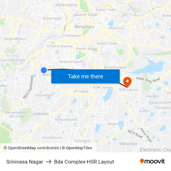 Srinivasa Nagar to Bda Complex-HSR Layout map