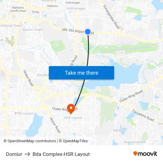 Domlur to Bda Complex-HSR Layout map