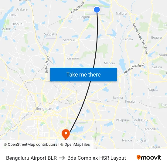 Bengaluru Airport BLR to Bda Complex-HSR Layout map