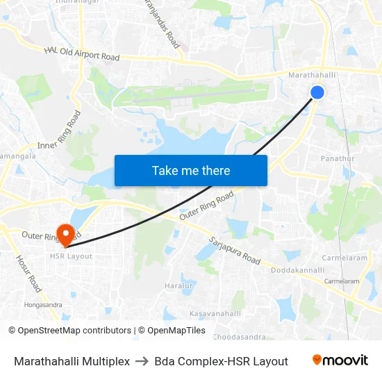 Marathahalli Multiplex to Bda Complex-HSR Layout map
