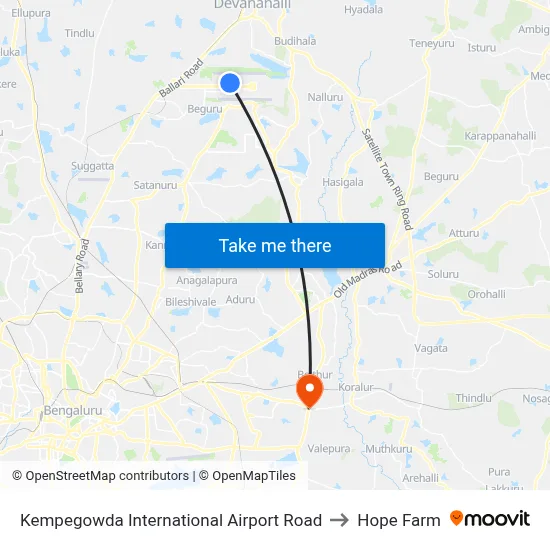 Kempegowda International Airport Road to Hope Farm map