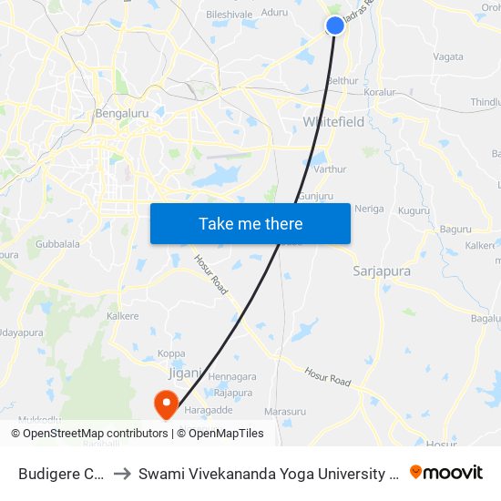 Budigere Cross to Swami Vivekananda Yoga University Bangalore map