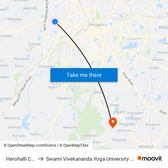Herohalli Cross to Swami Vivekananda Yoga University Bangalore map