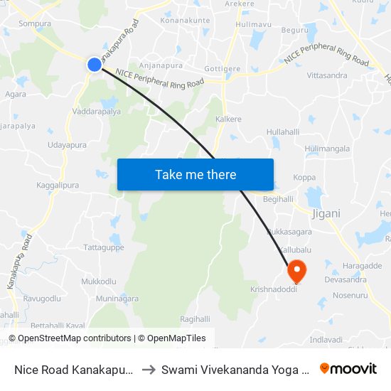 Nice Road Kanakapura Road Junction to Swami Vivekananda Yoga University Bangalore map