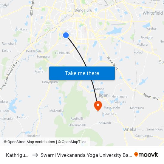 Kathriguppe to Swami Vivekananda Yoga University Bangalore map