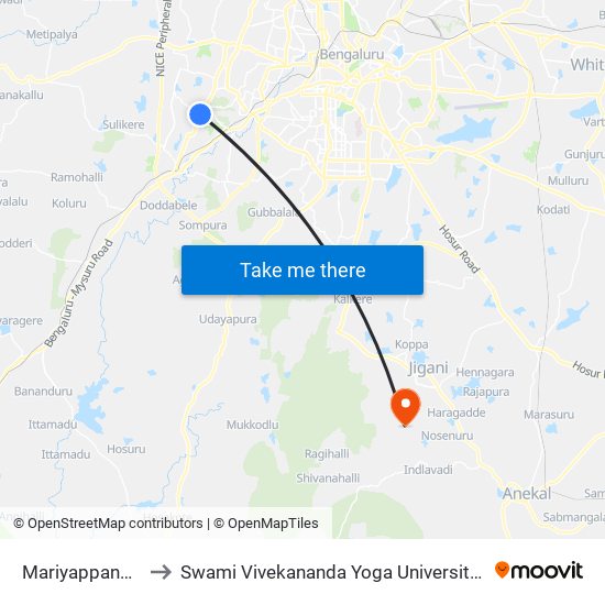 Mariyappanapalya to Swami Vivekananda Yoga University Bangalore map
