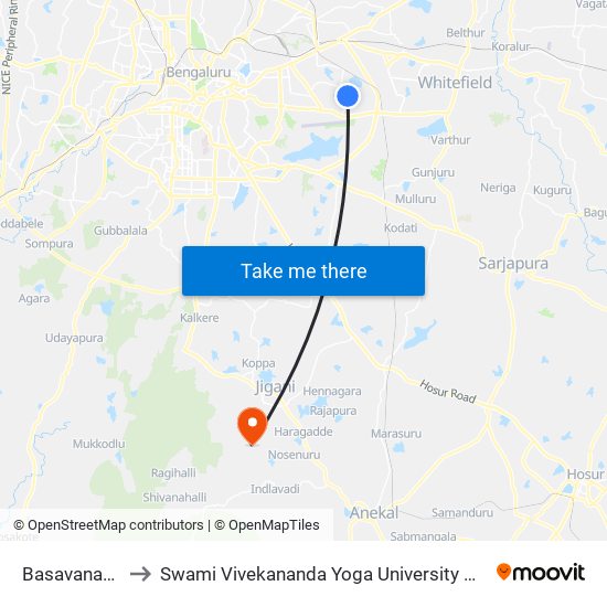 Basavanagara to Swami Vivekananda Yoga University Bangalore map