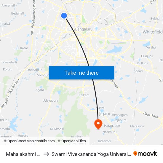 Mahalakshmi Layout to Swami Vivekananda Yoga University Bangalore map