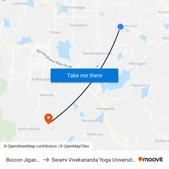 Biocon Jigani Road to Swami Vivekananda Yoga University Bangalore map