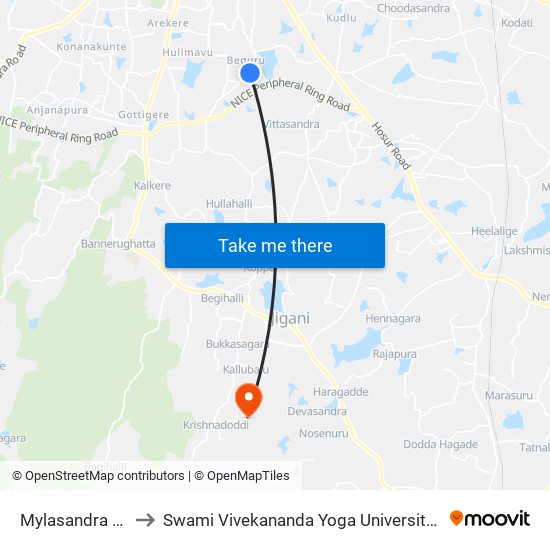Mylasandra Cross to Swami Vivekananda Yoga University Bangalore map