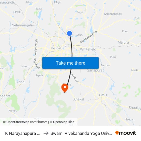 K Narayanapura Main Road to Swami Vivekananda Yoga University Bangalore map