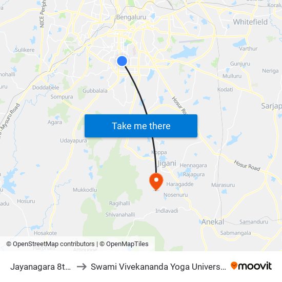 Jayanagara 8th Block to Swami Vivekananda Yoga University Bangalore map