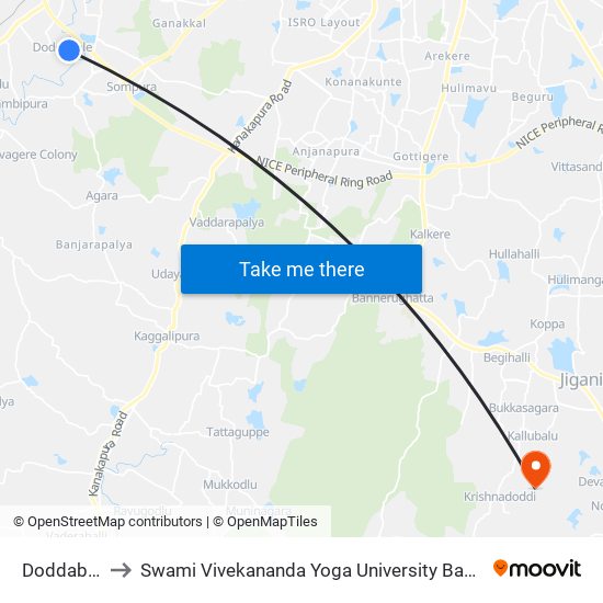 Doddabele to Swami Vivekananda Yoga University Bangalore map
