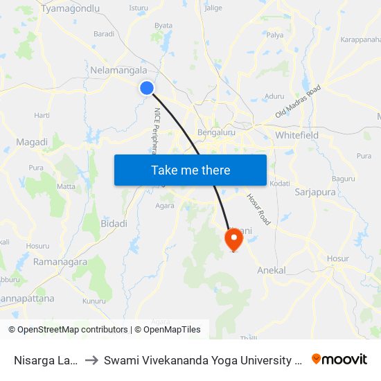 Nisarga Layout to Swami Vivekananda Yoga University Bangalore map