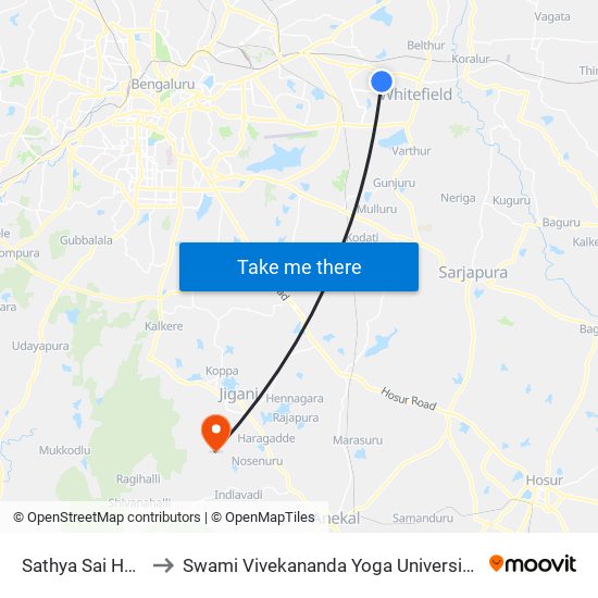 Sathya Sai Hospital to Swami Vivekananda Yoga University Bangalore map