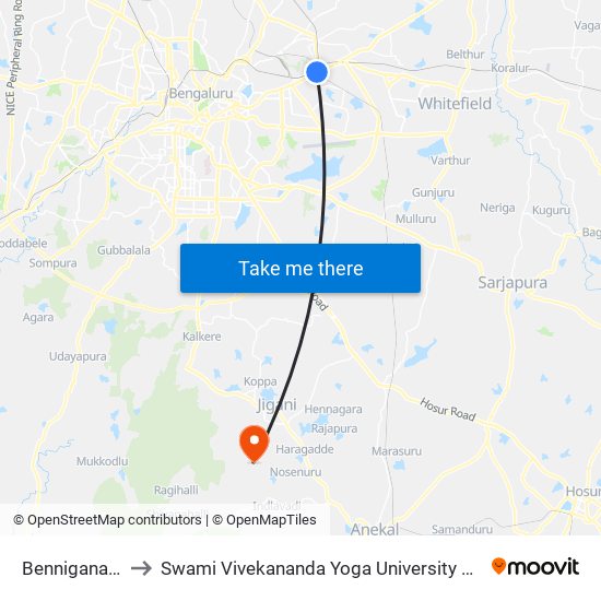 Benniganahalli to Swami Vivekananda Yoga University Bangalore map