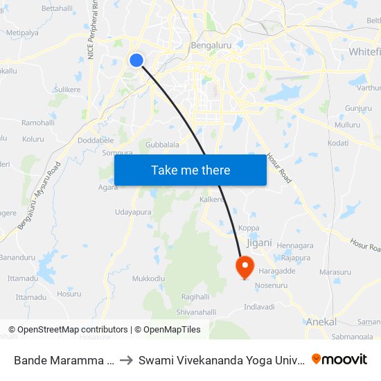 Bande Maramma Bus Stand to Swami Vivekananda Yoga University Bangalore map