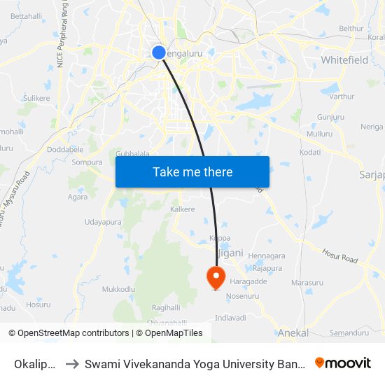 Okalipura to Swami Vivekananda Yoga University Bangalore map