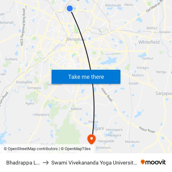 Bhadrappa Layout to Swami Vivekananda Yoga University Bangalore map