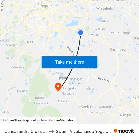 Junnasandra Cross Sarjapura Road to Swami Vivekananda Yoga University Bangalore map