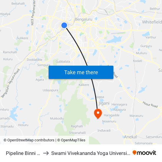 Pipeline Binni Layout to Swami Vivekananda Yoga University Bangalore map