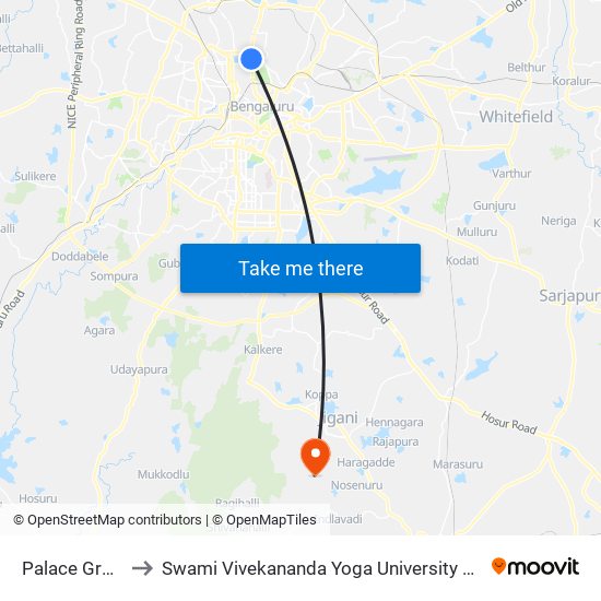 Palace Ground to Swami Vivekananda Yoga University Bangalore map
