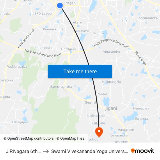 J.P.Nagara 6th Phase to Swami Vivekananda Yoga University Bangalore map