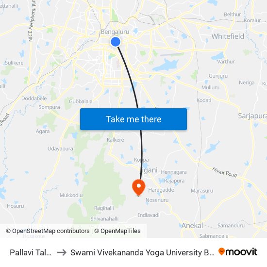 Pallavi Talkies to Swami Vivekananda Yoga University Bangalore map