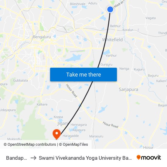 Bandapura to Swami Vivekananda Yoga University Bangalore map