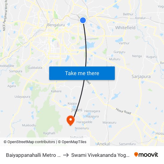 Baiyappanahalli Metro Station to Swami Vivekananda Yoga University Bangalore map