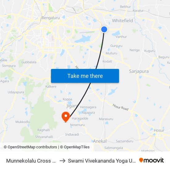 Munnekolalu Cross (Spice Garden) to Swami Vivekananda Yoga University Bangalore map
