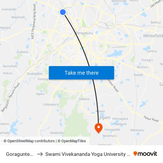 Goraguntepalya to Swami Vivekananda Yoga University Bangalore map