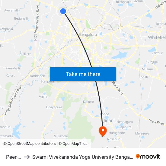 Peenya to Swami Vivekananda Yoga University Bangalore map