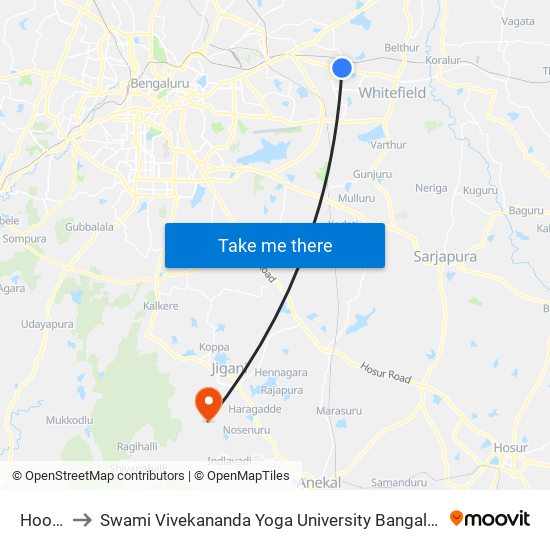 Hoodi to Swami Vivekananda Yoga University Bangalore map