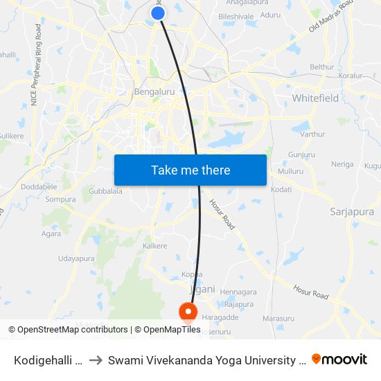 Kodigehalli Gate to Swami Vivekananda Yoga University Bangalore map