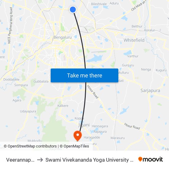 Veerannapalya to Swami Vivekananda Yoga University Bangalore map