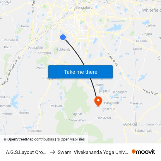 A.G.S.Layout Cross Arehalli to Swami Vivekananda Yoga University Bangalore map