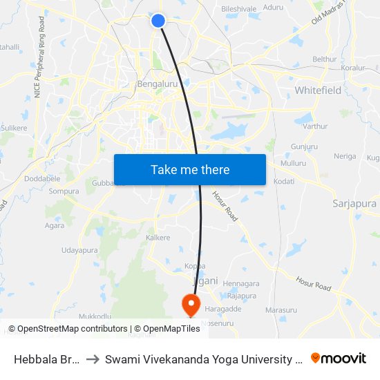Hebbal Bridge to Swami Vivekananda Yoga University Bangalore map