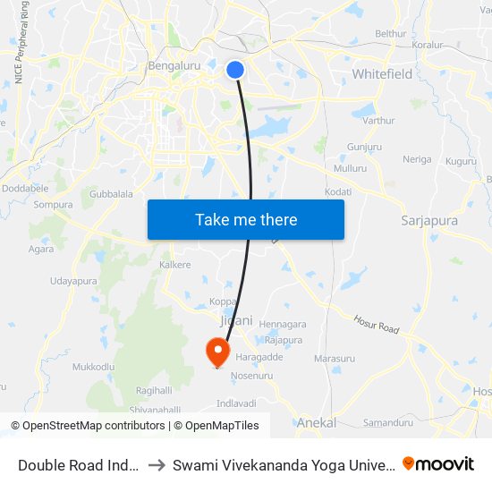 Double Road Indiranagara to Swami Vivekananda Yoga University Bangalore map