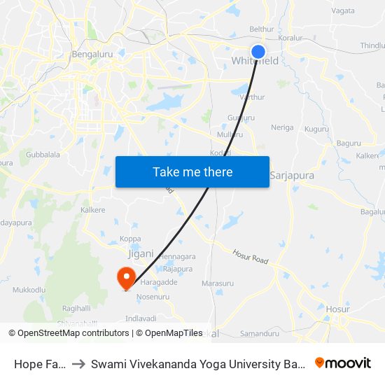 Hope Farm to Swami Vivekananda Yoga University Bangalore map