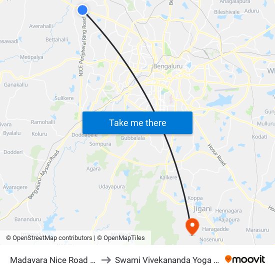 Madavara Nice Road Junction (B.I.E.C) to Swami Vivekananda Yoga University Bangalore map