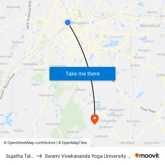 Sujatha Talkies to Swami Vivekananda Yoga University Bangalore map